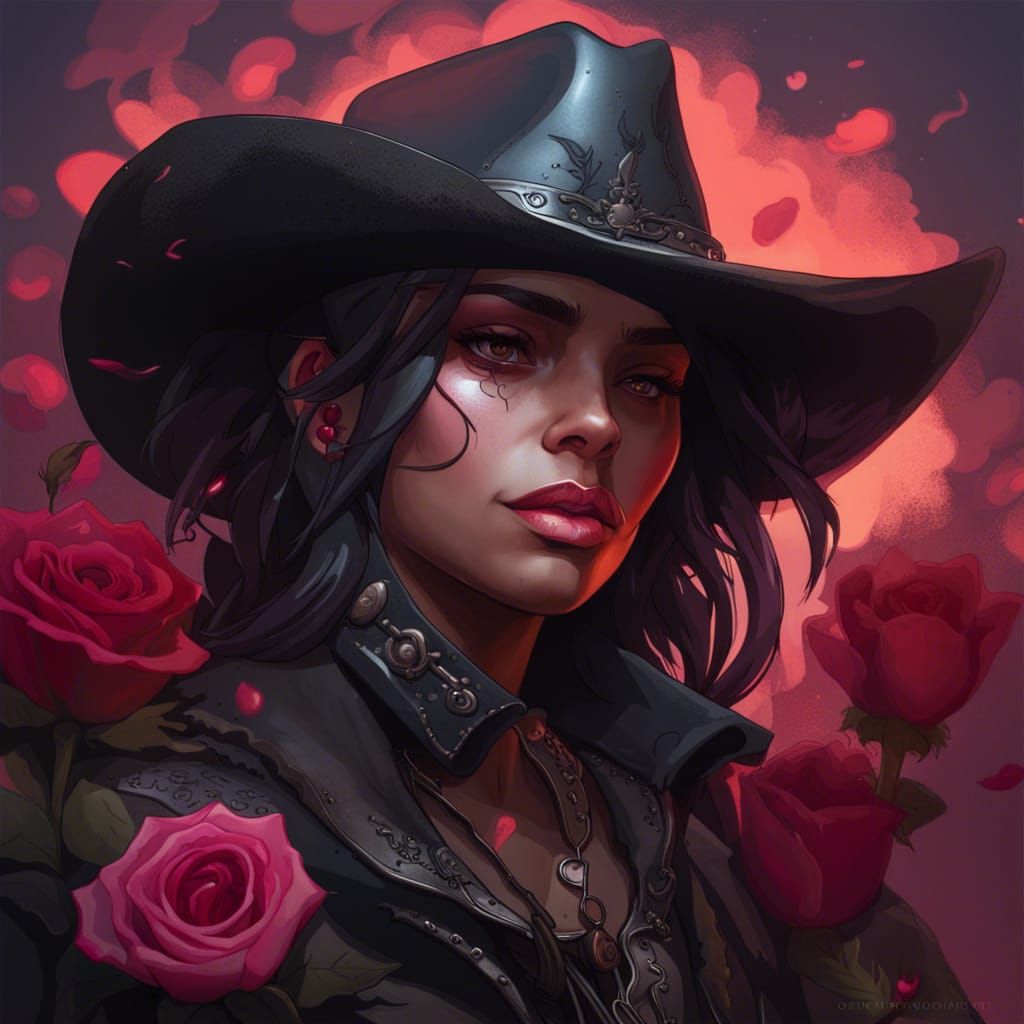 Goth Cowboy Portrait with Roses at Dusk