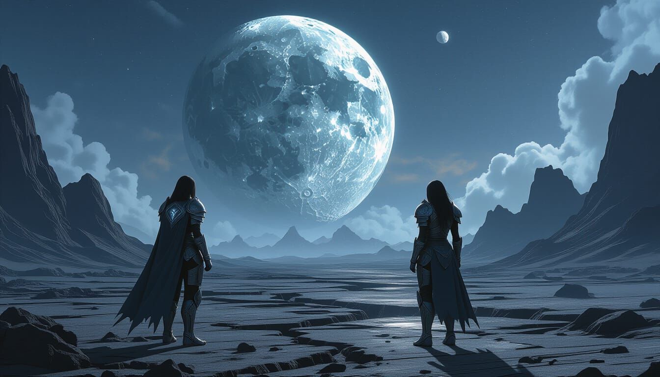 Alien Planet Warrior Gazes at Shattered Moon in Epic Fantasy...