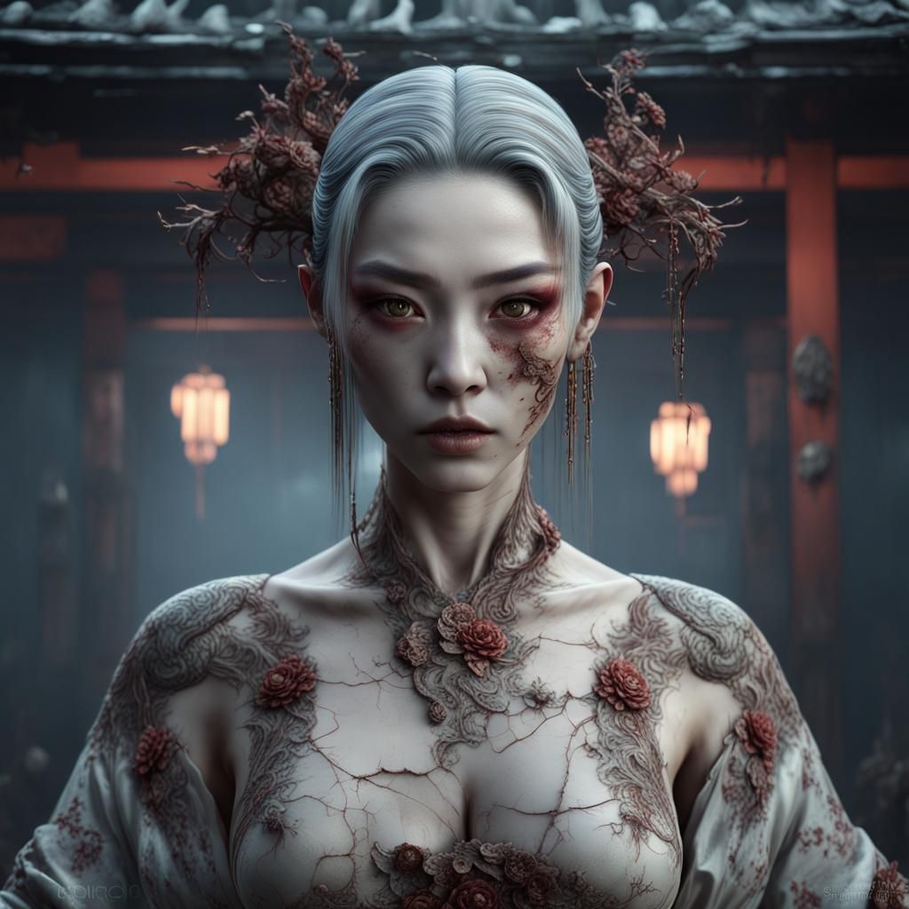 Geisha's Cracked Mask: Zombie Reveal in Detailed Matte Paint...