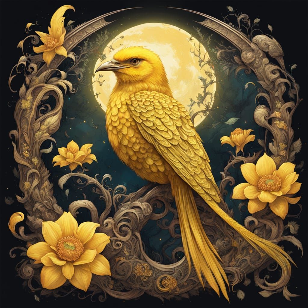 Majestic Yellow Bird Perched on Glowing Flowers