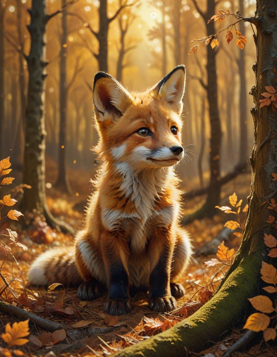 Fox Cub in Autumnal Forest: Klimt-Inspired Oil Painting
