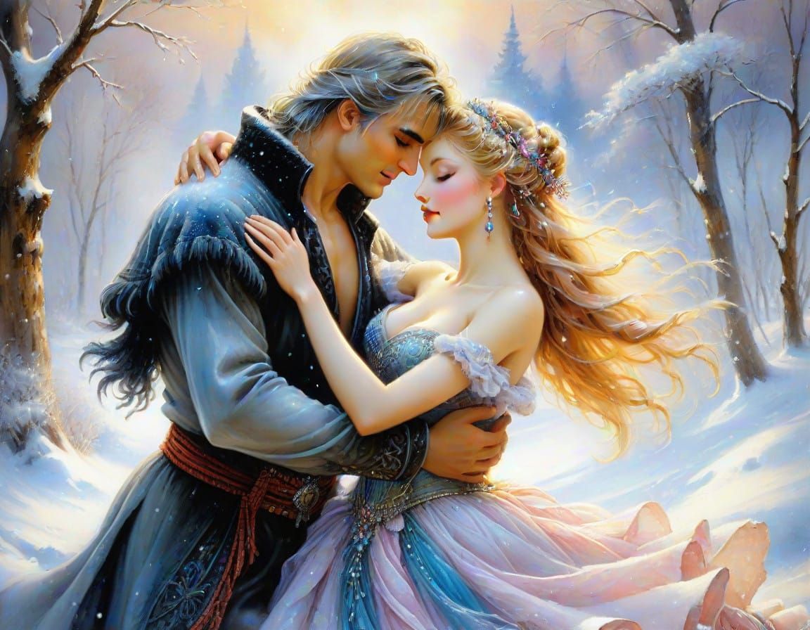 Romantic Winter Ballerina Couple in Snowy Landscape