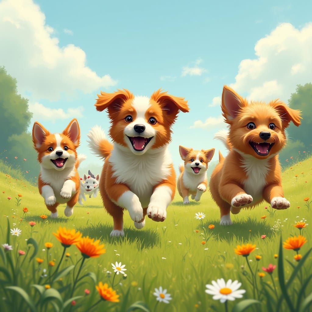 Dogs in Vibrant Wildflower Meadow