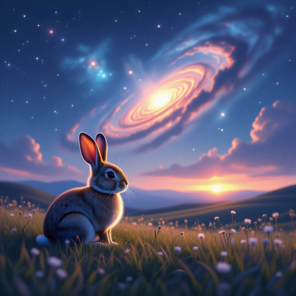 Solitary Rabbit Under Swirling Nebula Sky