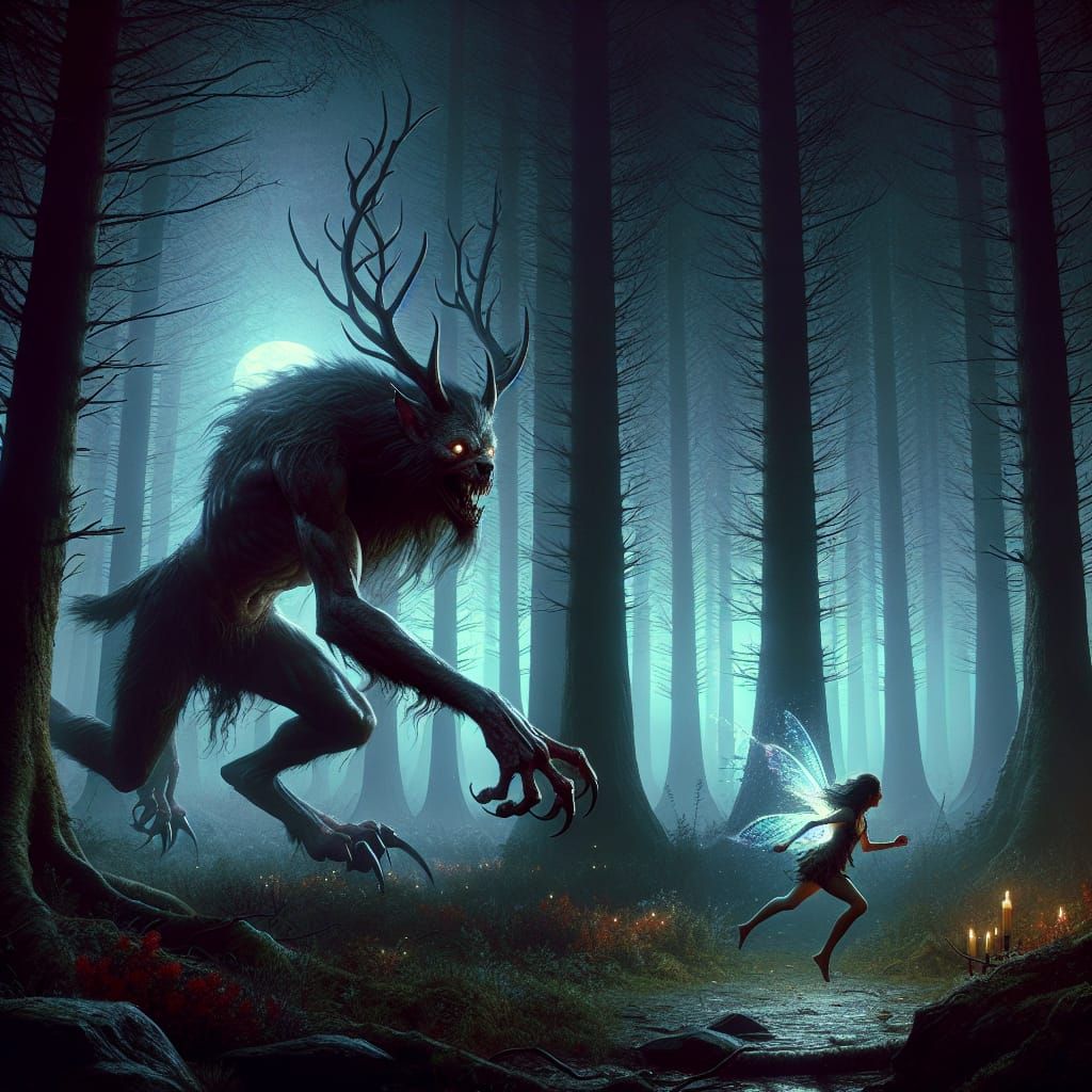 Wendigo's Hunt: Macabre Beauty in Shadowy Forest