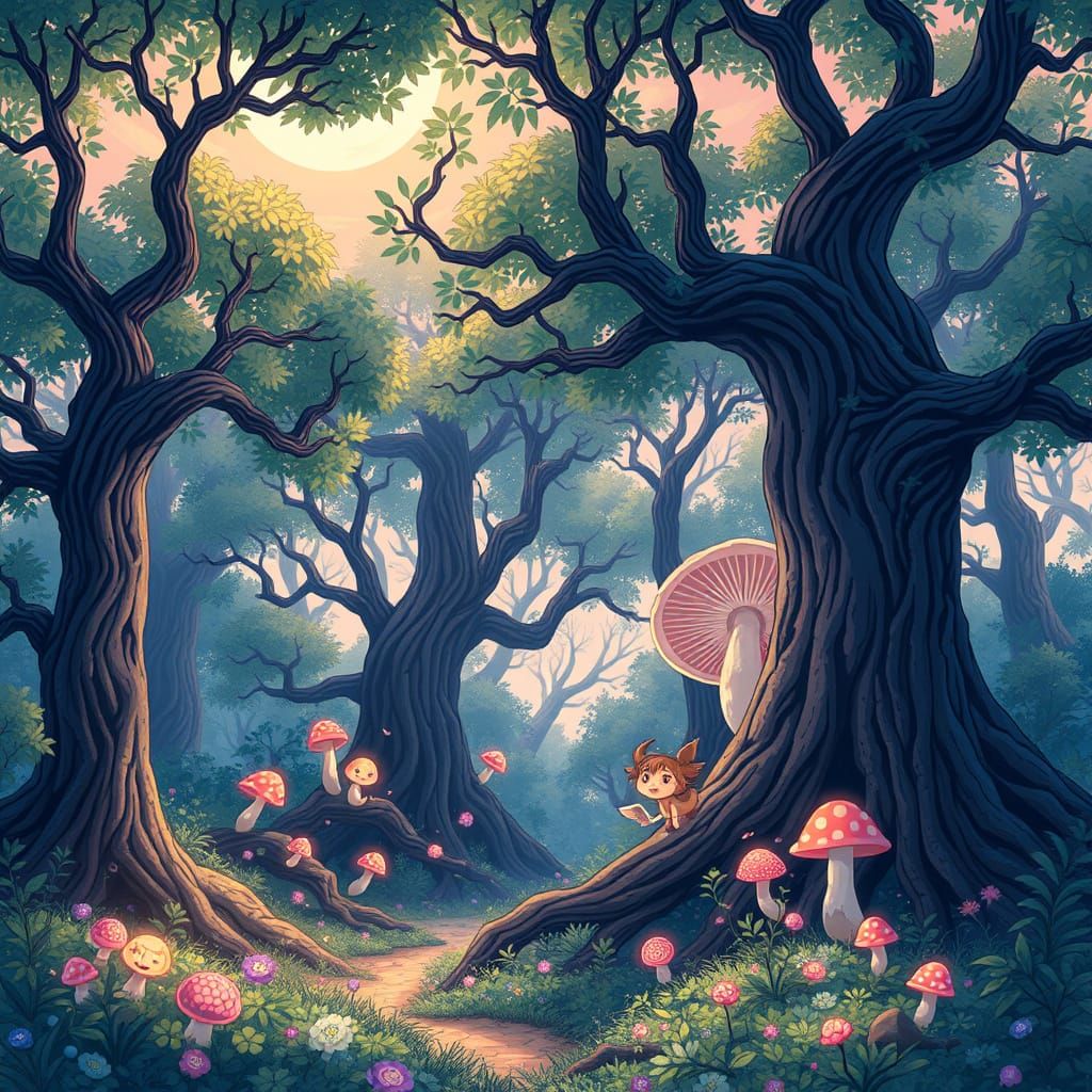 Surreal Whimsy in a Dreamlike Forest Setting, in Studio Ghib...