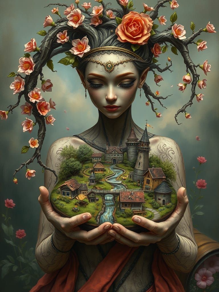 Whimsical Goddess of Nature in Vibrant Fantasy Landscape