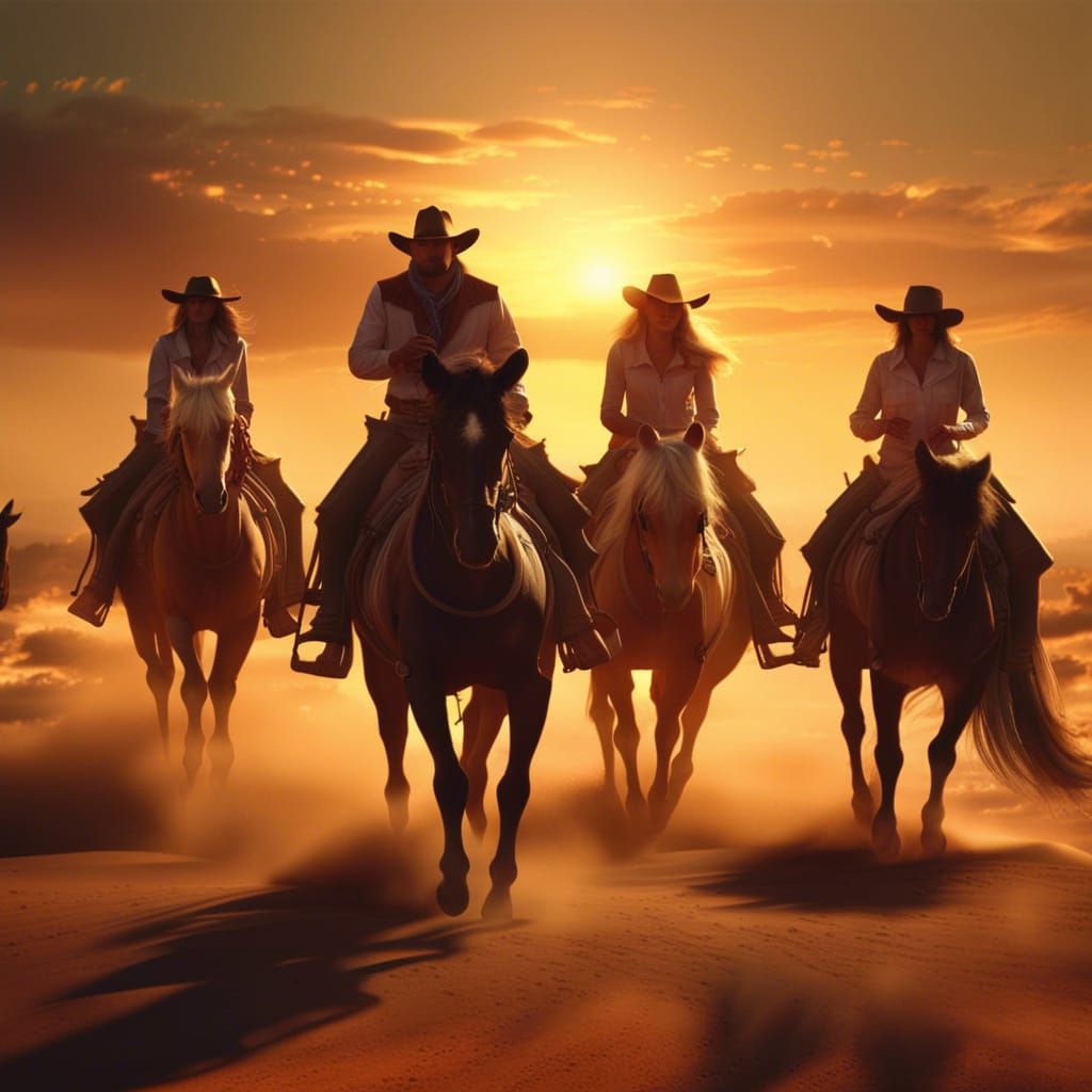 Cowboys and Cowgirls Ride Horses at Sunset