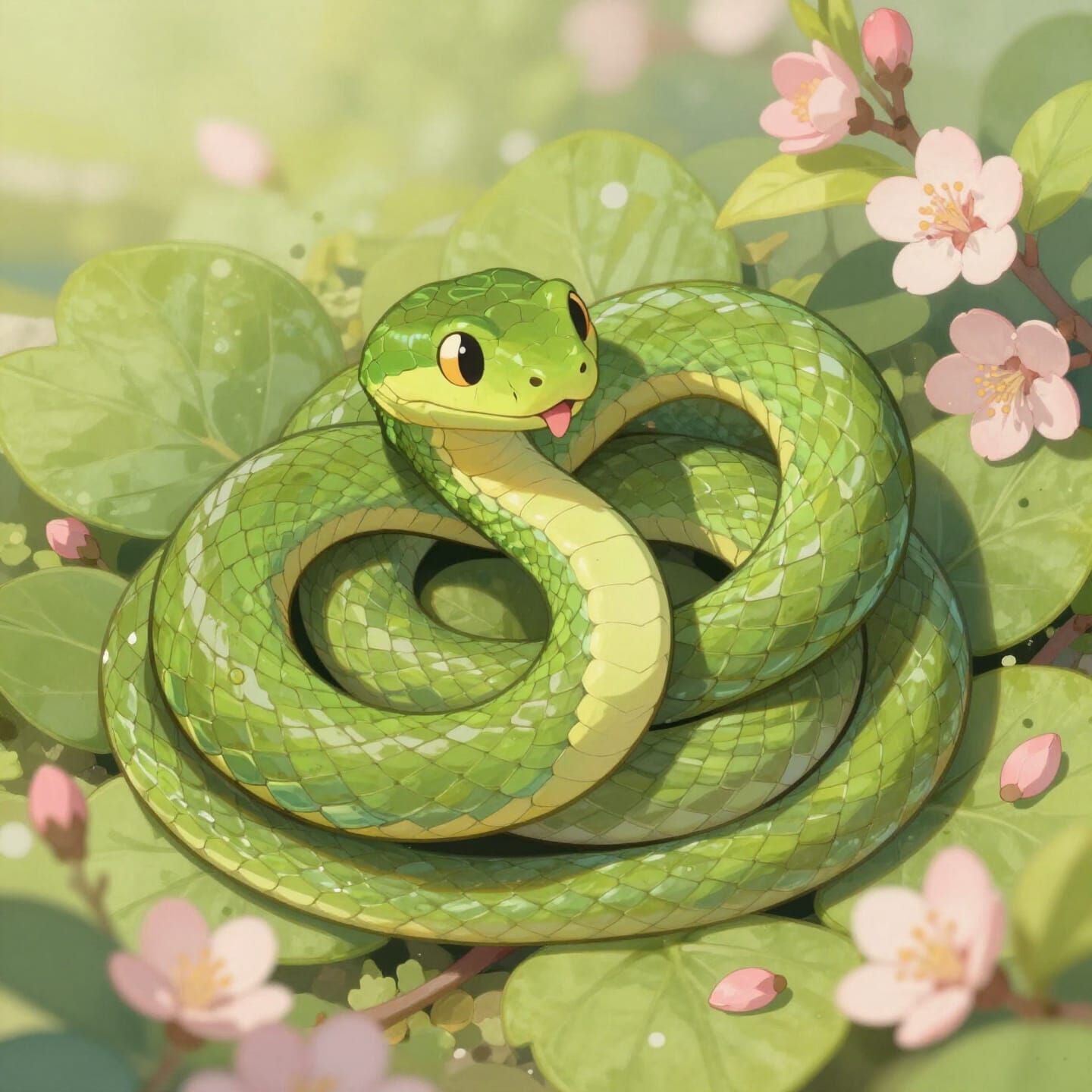 Cute Green Snake Forms Heart Shape Among Blossoms
