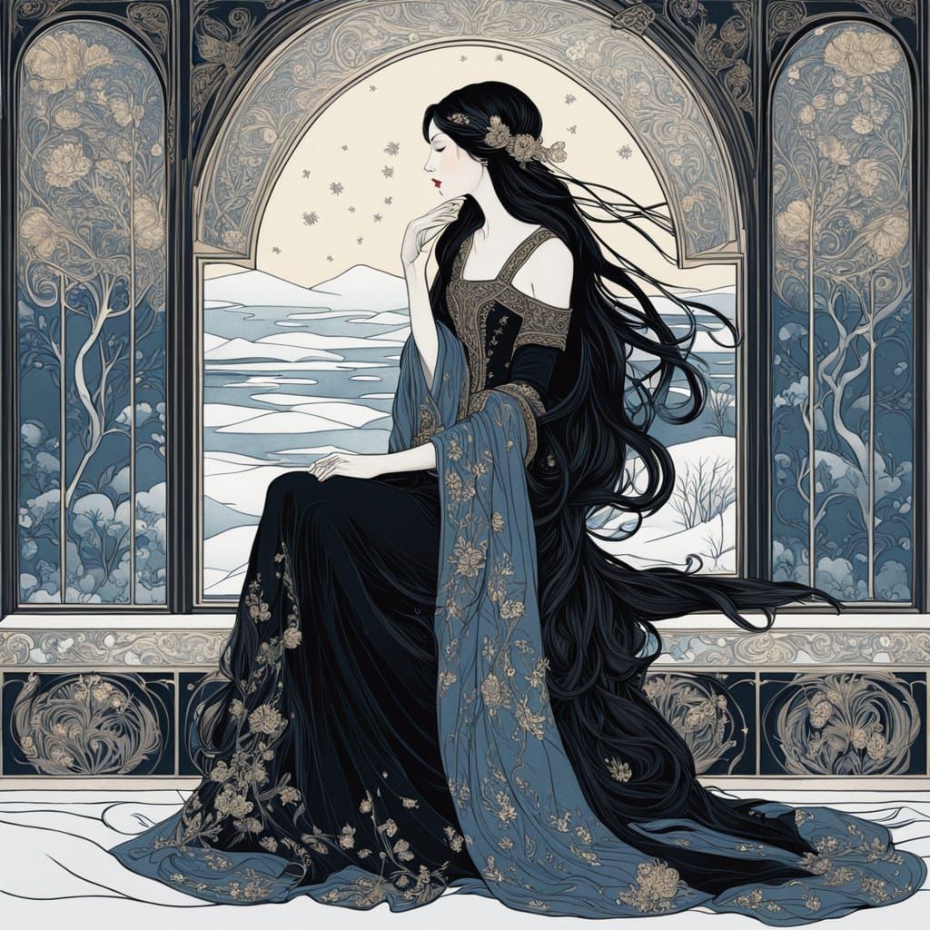 Art Nouveau Woman Contemplating Snow in Black and White