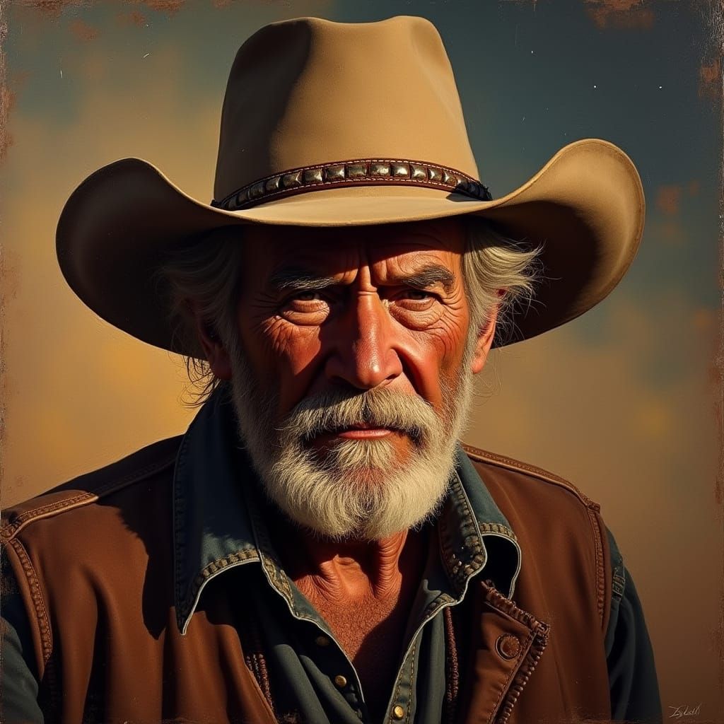 Grizzled Cowhand in Impasto Style Western Sky