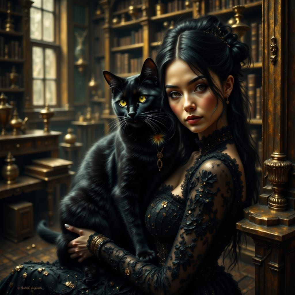 Gothic Cat and Owner in Victorian Study Oil Painting