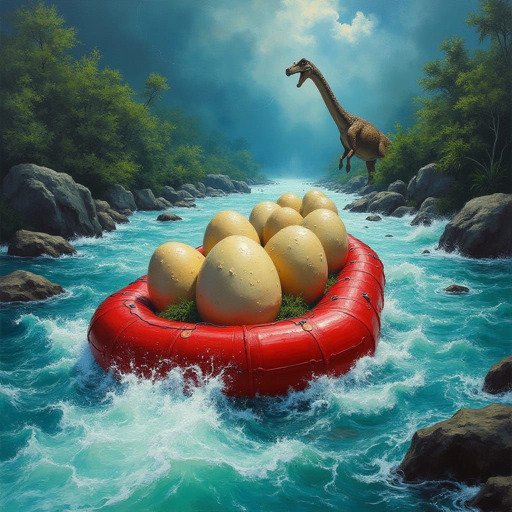 Dinosaur Egg Raft Ride in Expressive Action Painting Style