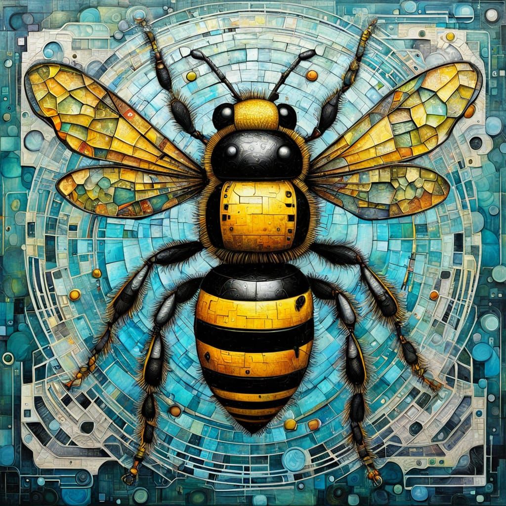 Cyborg Bee in Textured Encaustic Painting Style