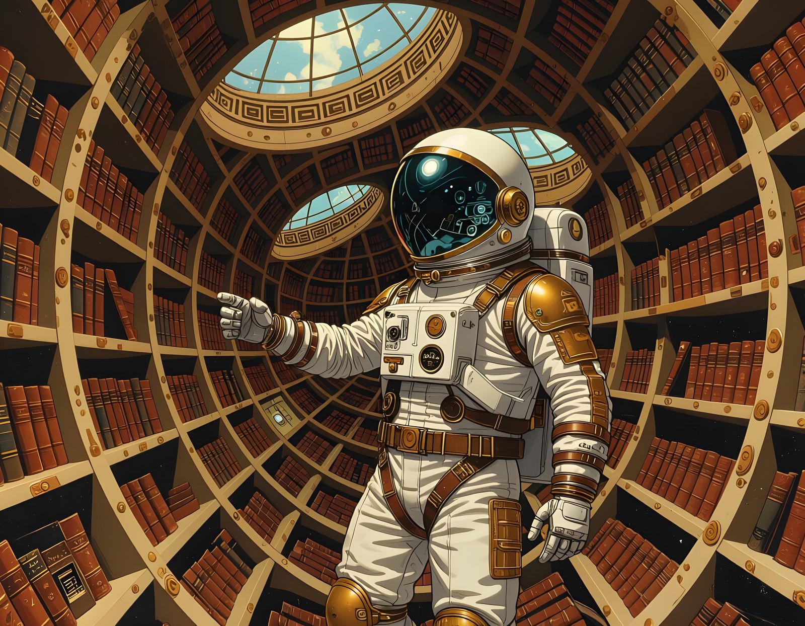 Surreal Spaceman in Gravity-Defying Library, Digital Art
