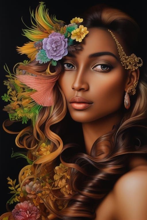 Woman in Wind with Madagascar Landscape, Ink Art