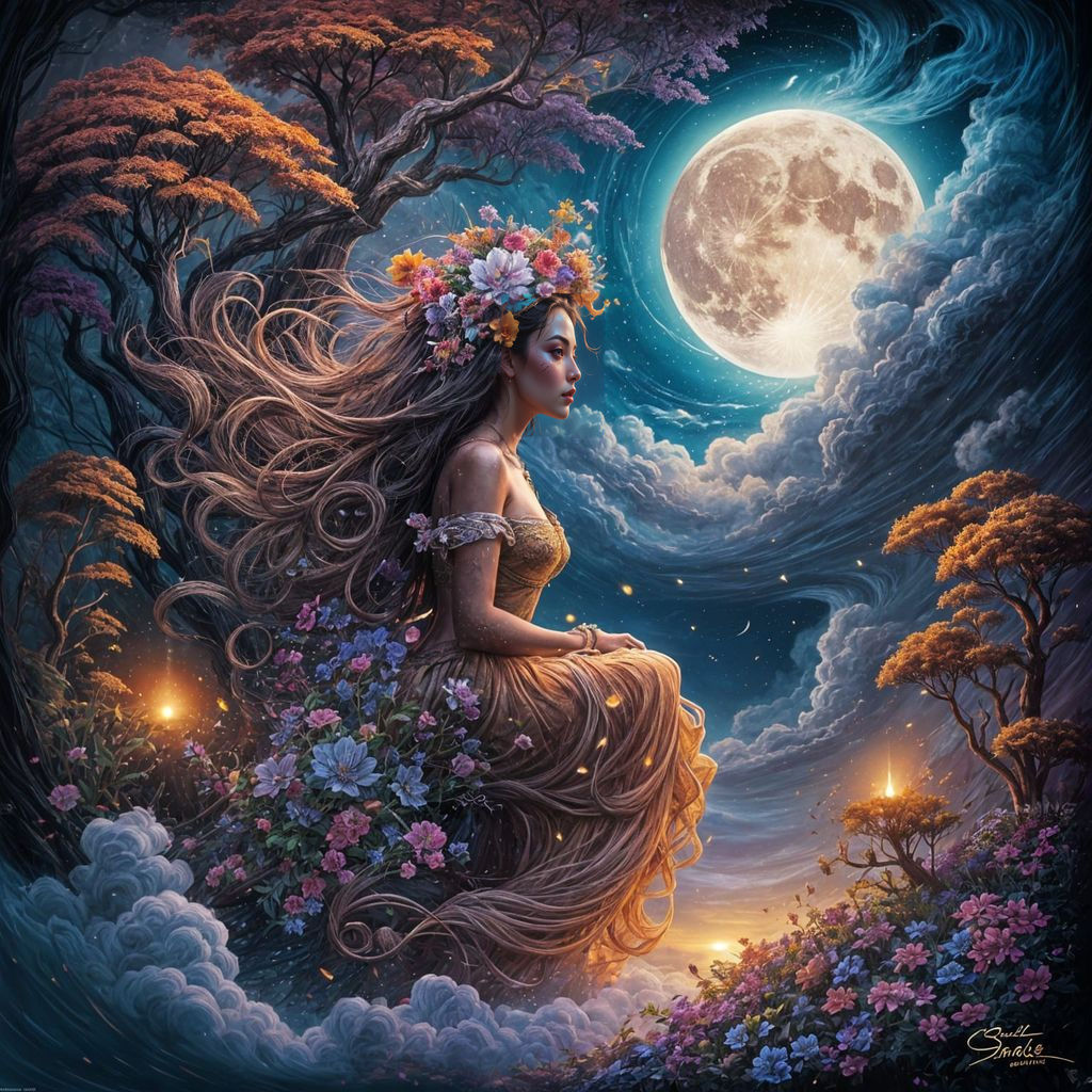 Moon Chases Woman in Hyperrealistic Splash Art