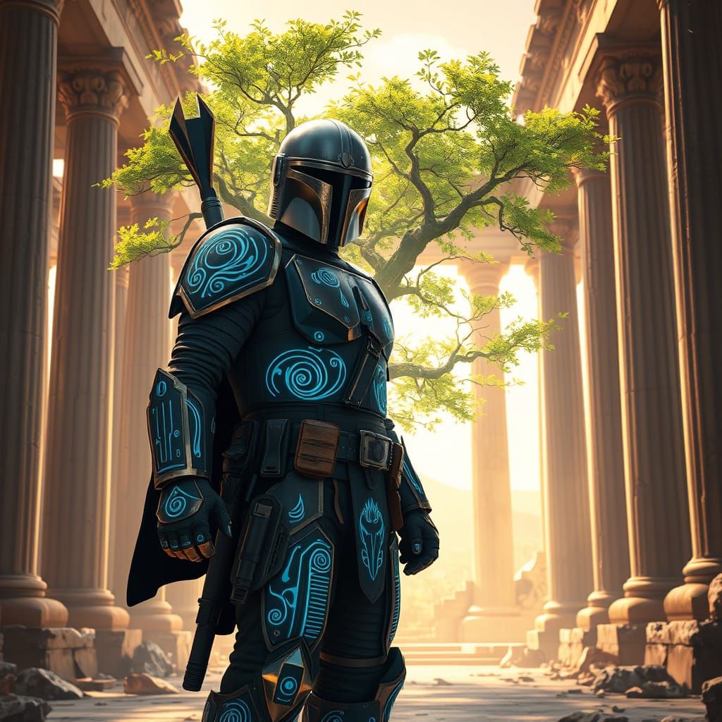 Heroic Mandalorian in Ancient Greek Futuristic Landscape wit...