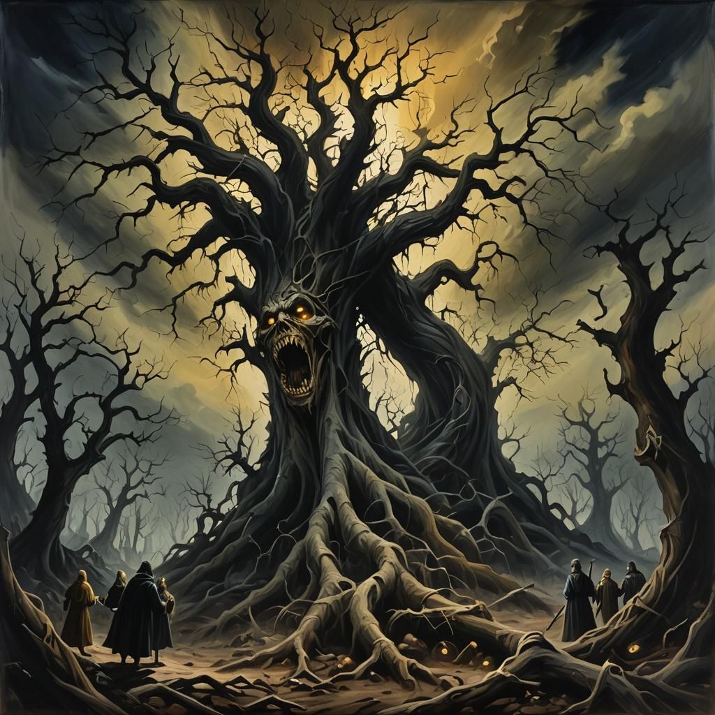 Nightmarish Landscape with Screaming Figures in Dark Fantasy