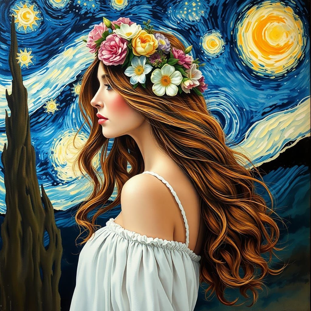 Fae Woman with Starry Night Background in Gouache Style