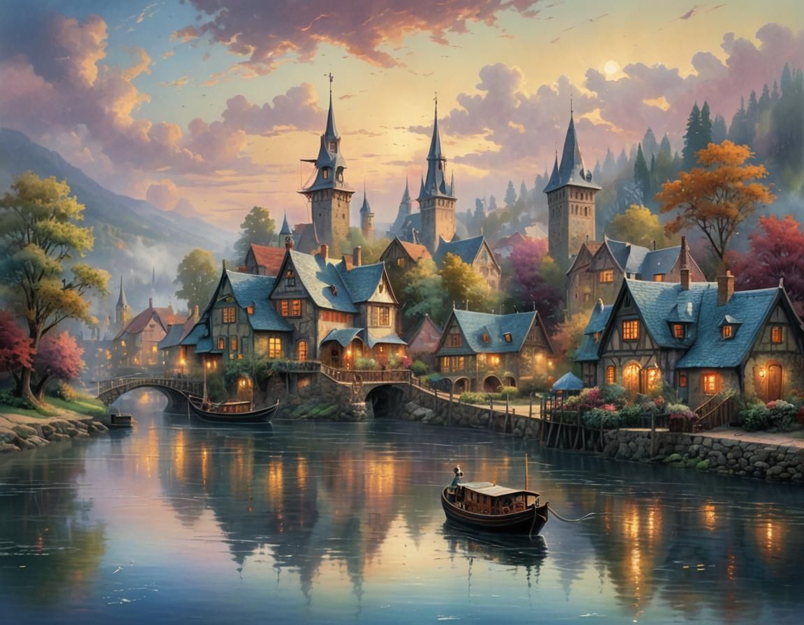 Riverboat Journey Through Medieval Village: Watercolor Paint...