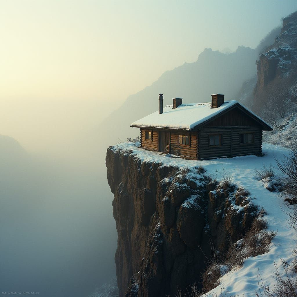 Rustic Snow-Clad Hut on Cliff's Edge