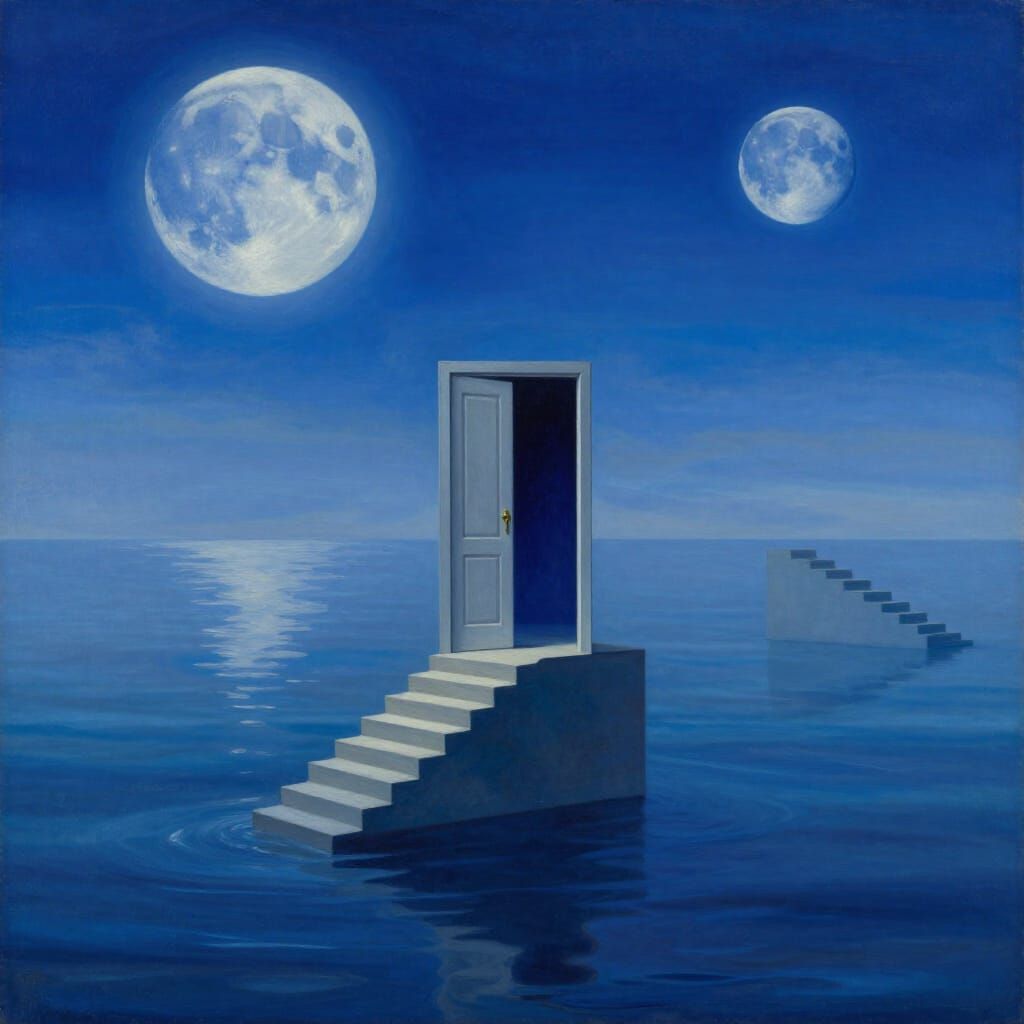 Surreal Ocean of Liquid Sky with Floating Staircases and Blu...