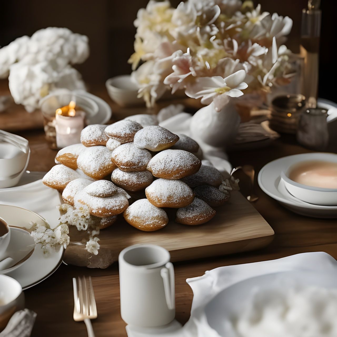 Beignets, Coffee, and Strawberries Still Life