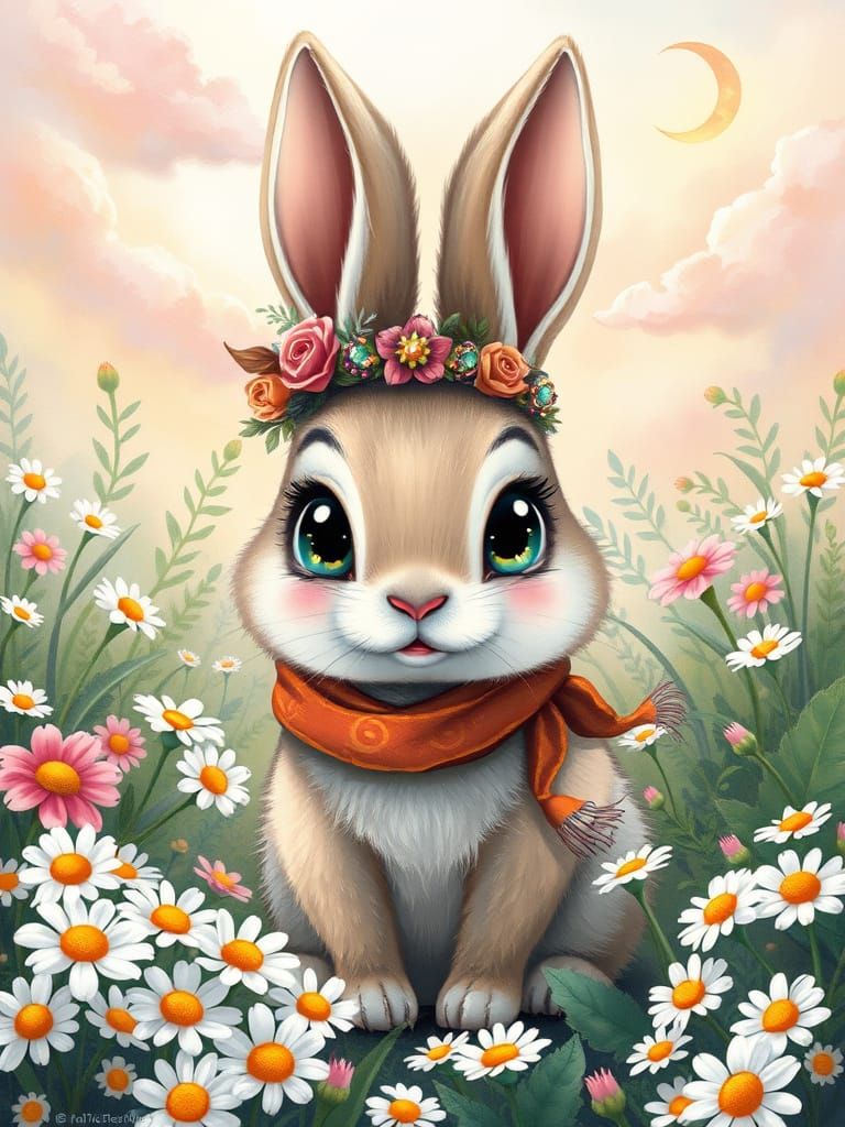 Whimsical Cartoon Rabbit in Vibrant Garden Scene