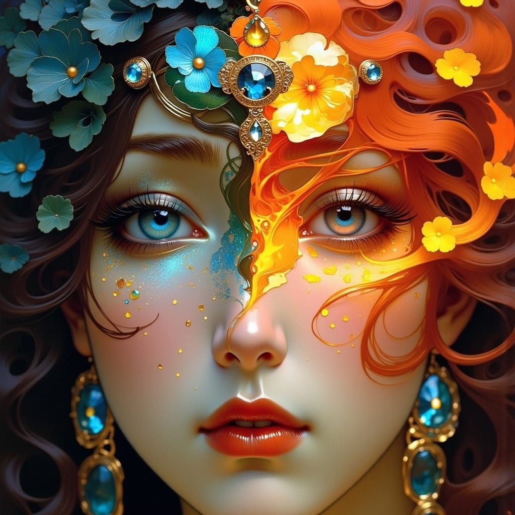 Earth and Fire Woman in Art Nouveau Style