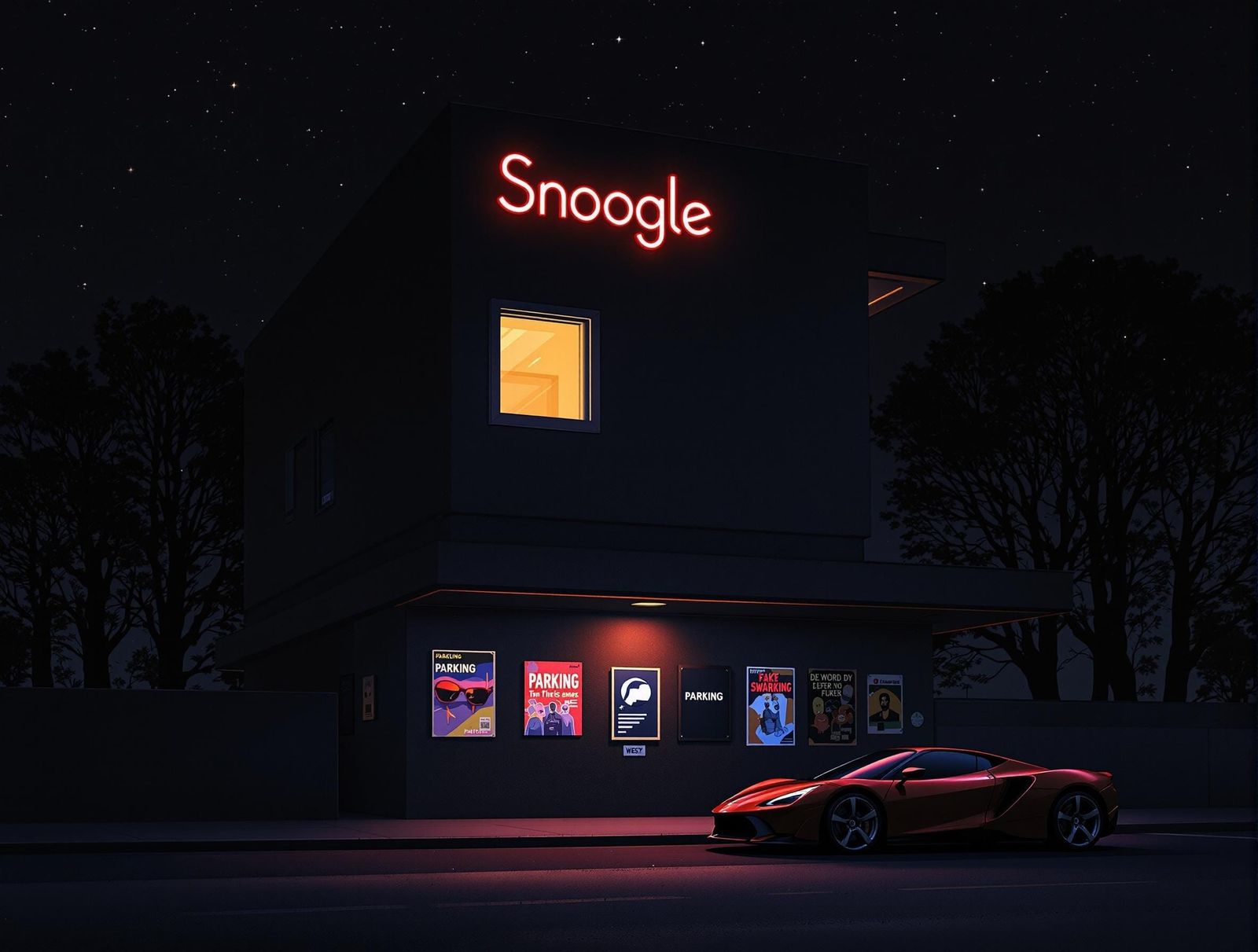 Snoogle Building at Night in Futuristic Neon Style