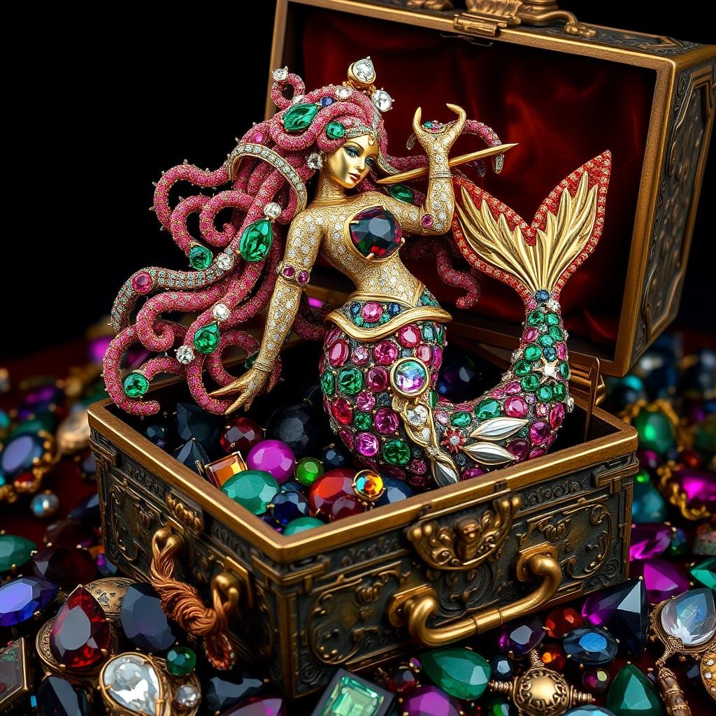 Opulent Mermaid Brooch in Gold and Precious Gems