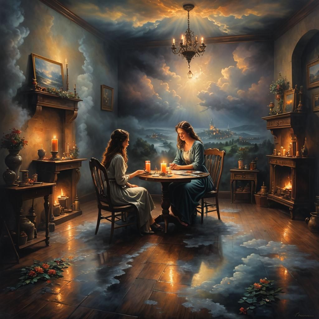 Girl in Candlelit Studio with Vintage Painting