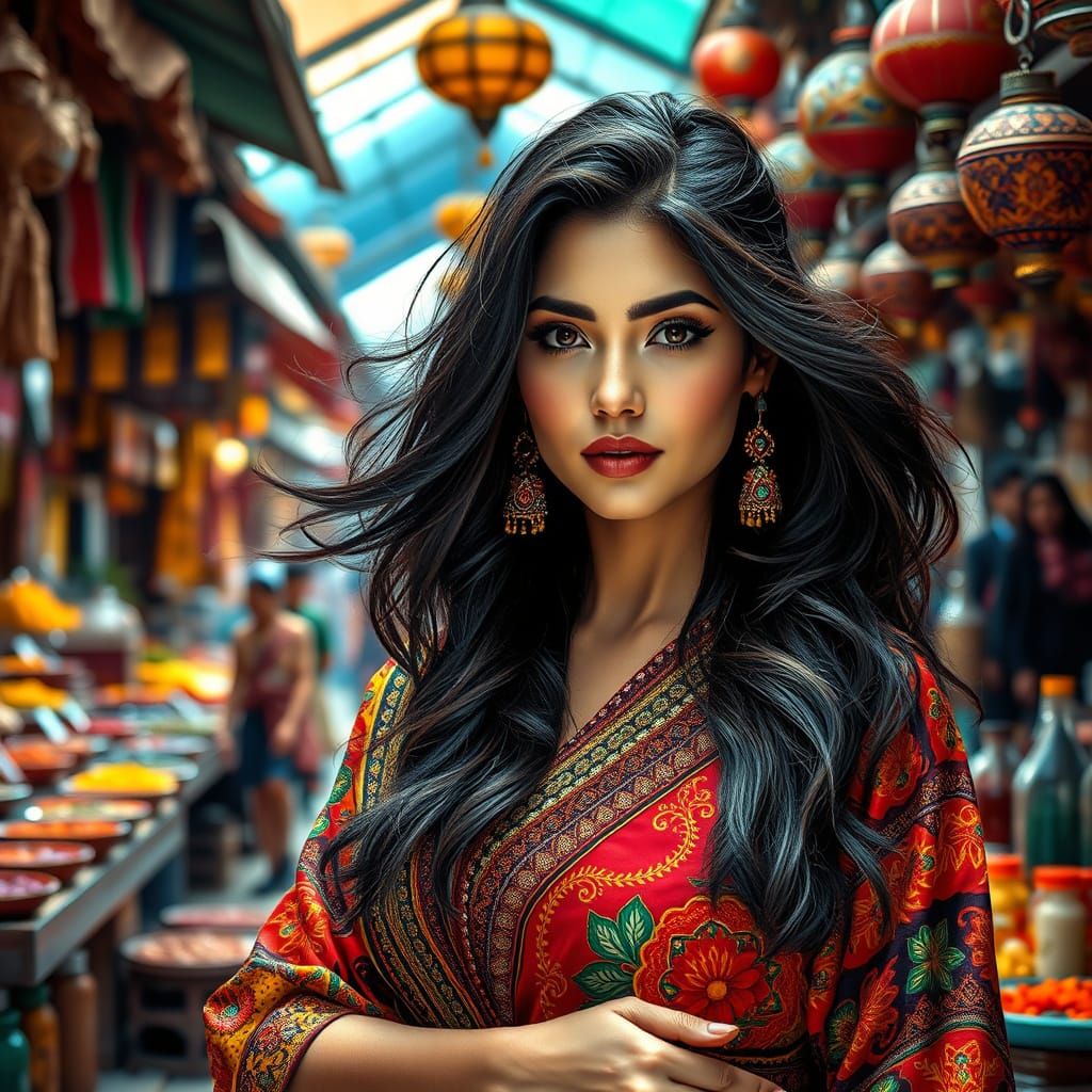 Confident Beauty in Exotic Marketplace Scene