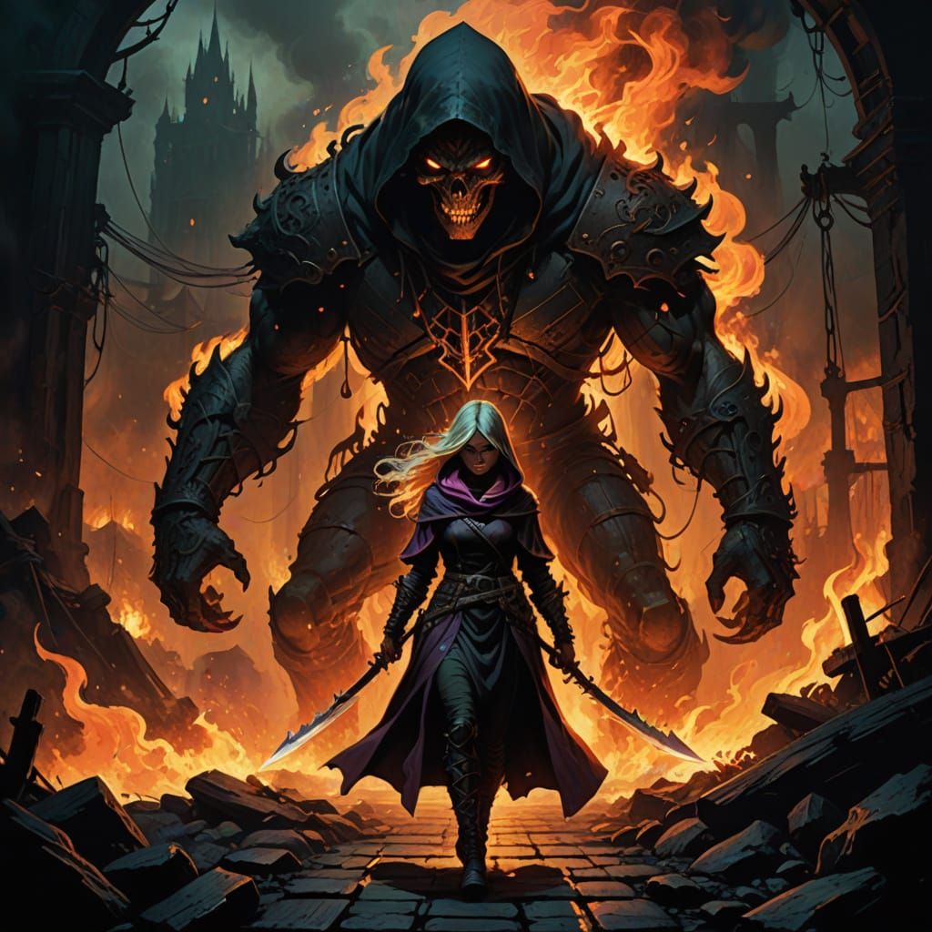 Giant Iron Bridge Over Blazing River Leads to Dark Gate