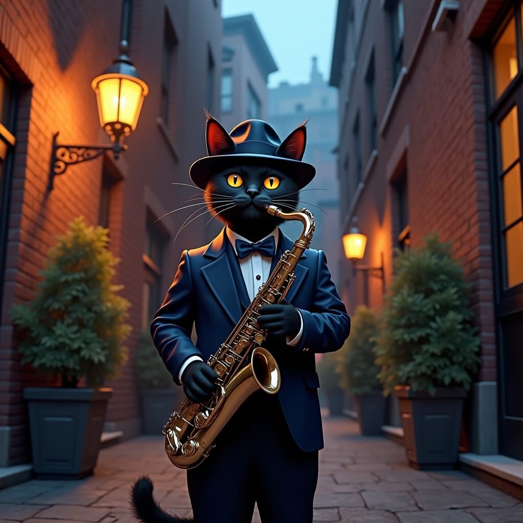 Cartoon Cat in Zoot Suit Plays Jazz