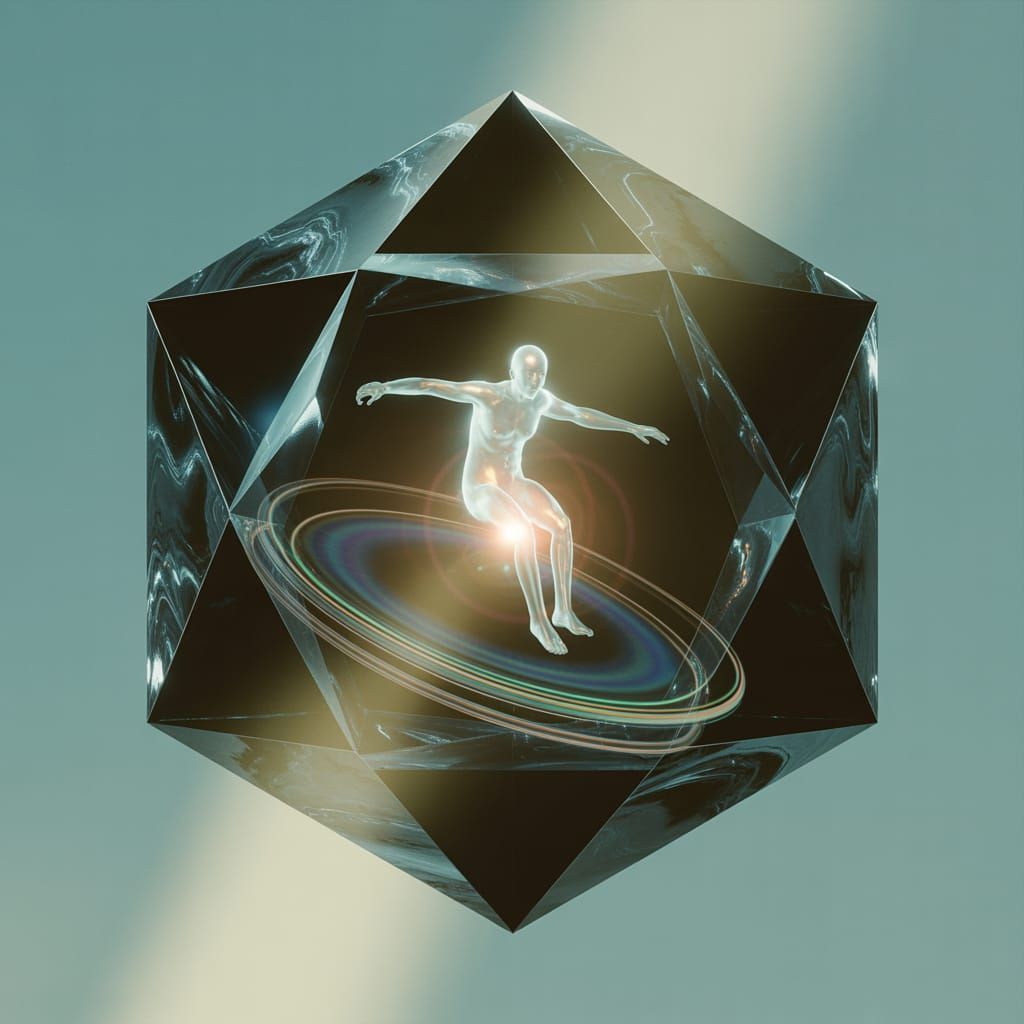 Luminous Figure Oscillating within Obsidian Decahedron