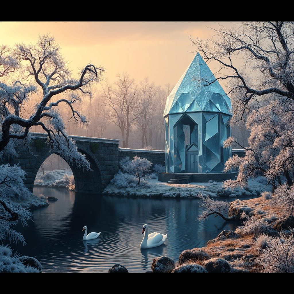 Crystal Forest Sanctuary with Majestic Bridge and Snowy Roof