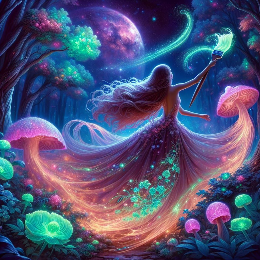 Enchantress Dances in Bioluminescent Forest