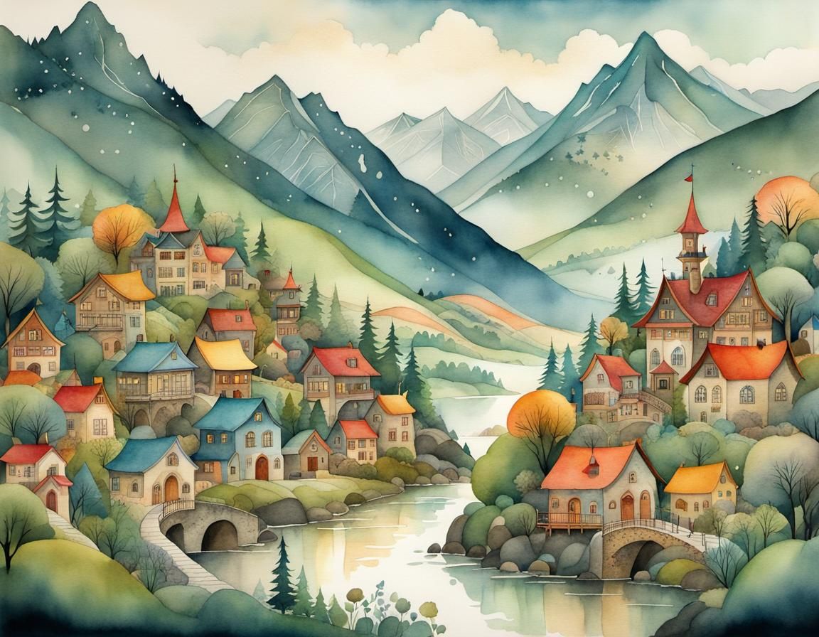 Whimsical Mountain Town: Ink and Watercolor Illustration