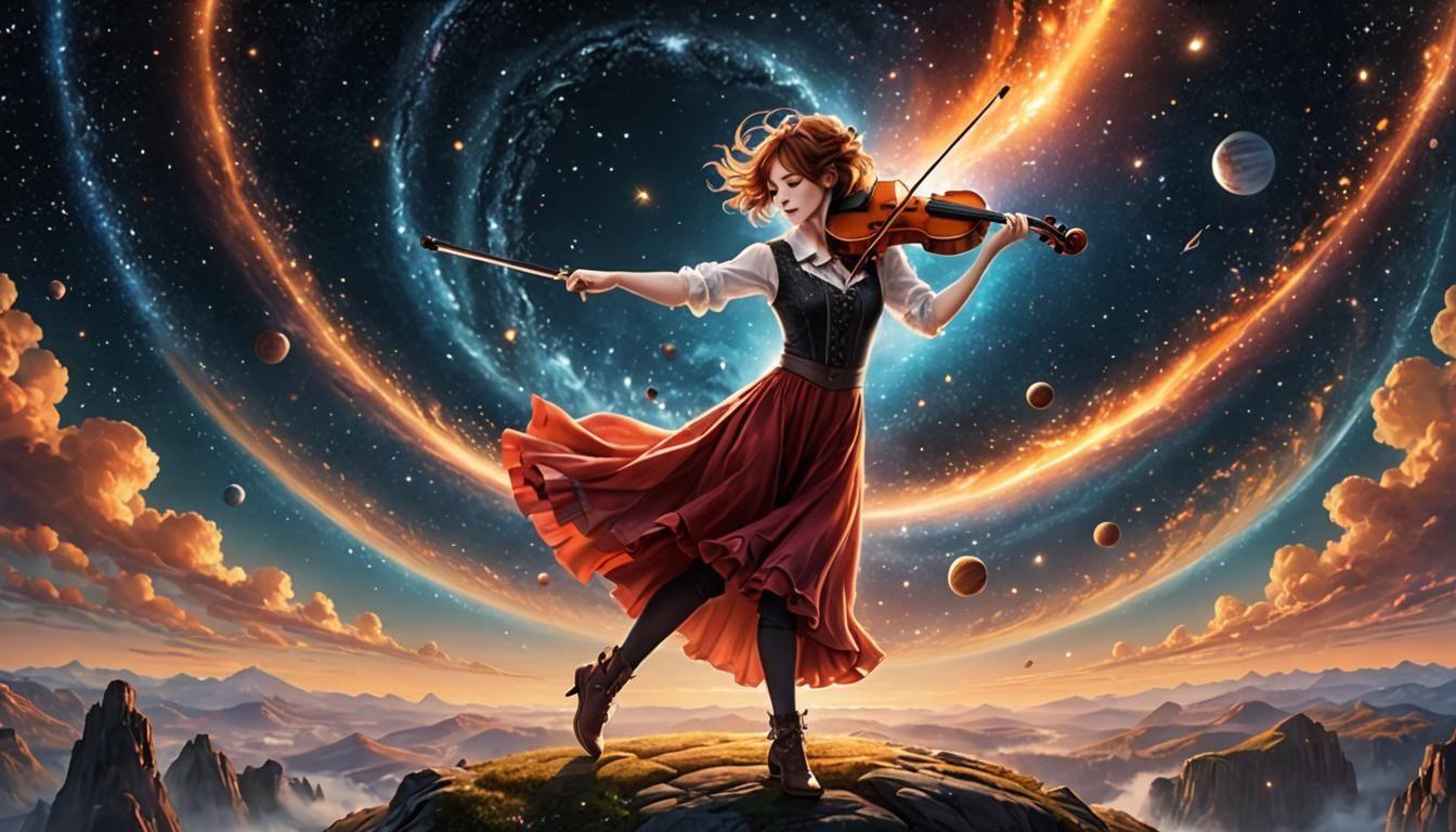 Violinist's Cosmic Dance: Holographic Astral Illustration