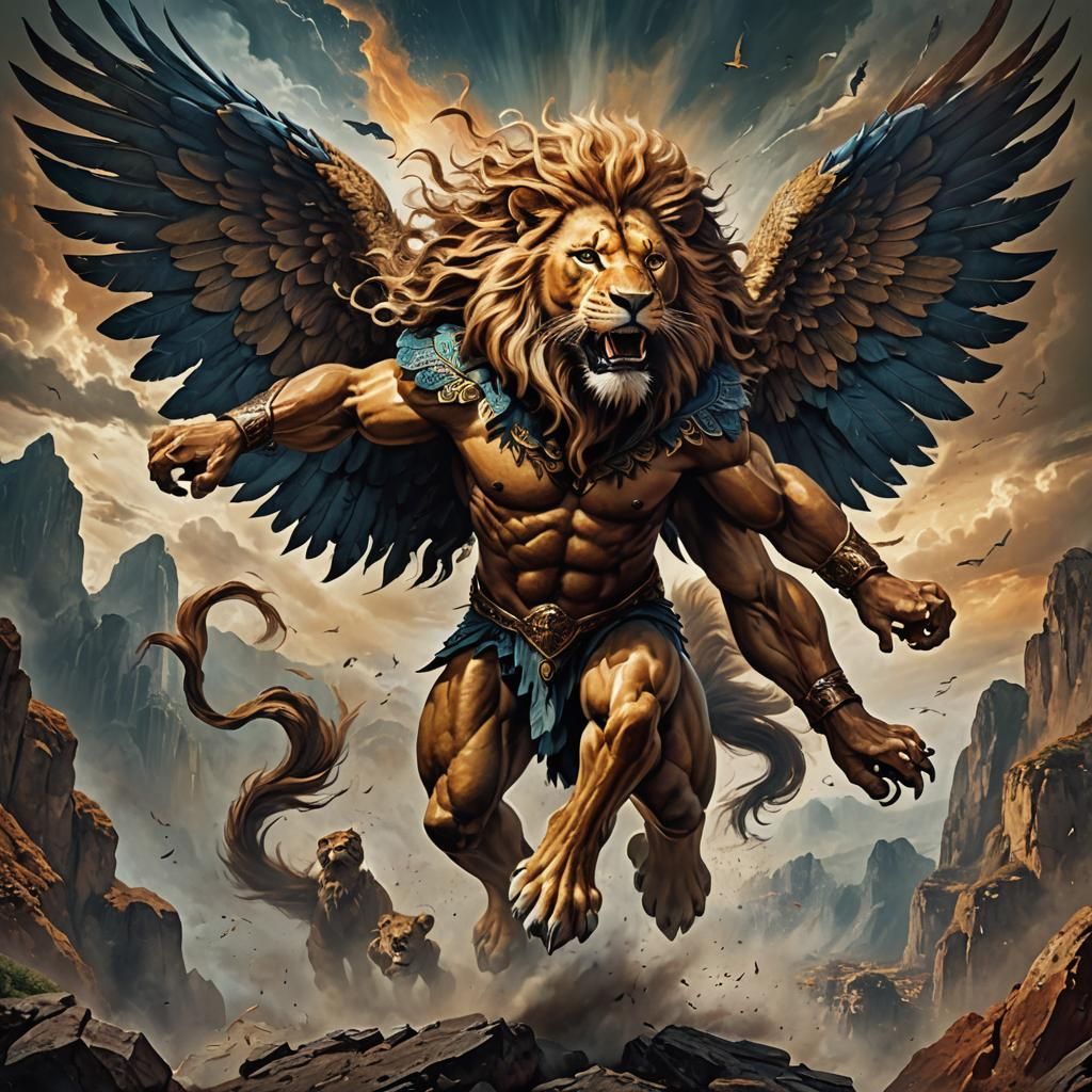 Winged Lion-Man Soaring to Rescue: Dramatic Digital Art