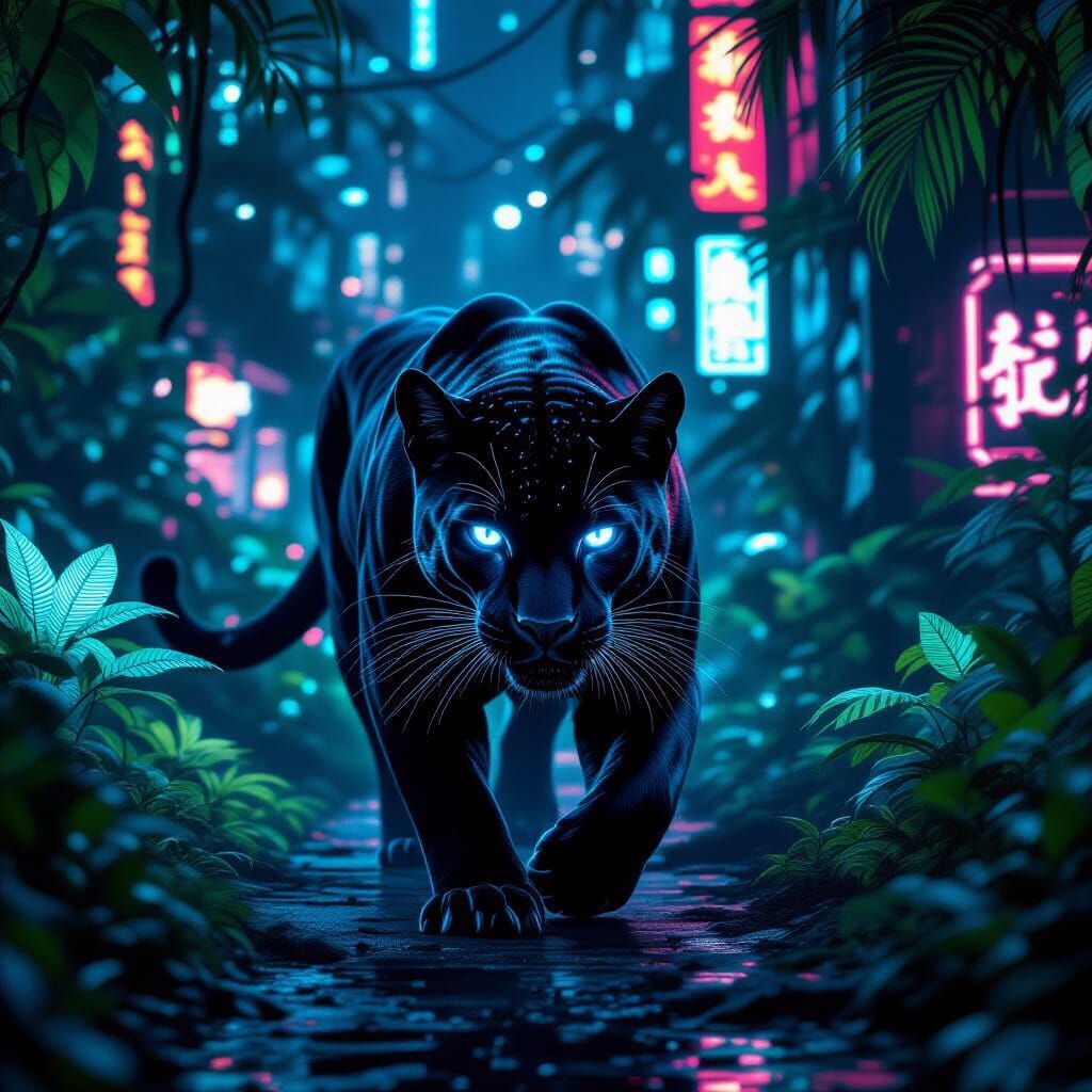 Cyberpunk Panther Prowls Through Bioluminescent Jungle