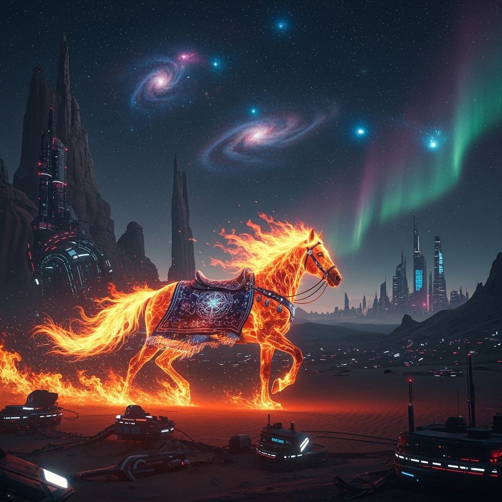 Blazing Fire Horse Runs Across Dark Desert