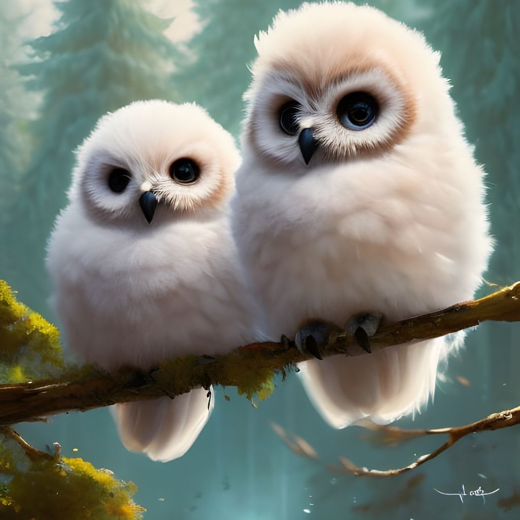 Fluffy Baby Owls Portrait in Detailed Digital Art