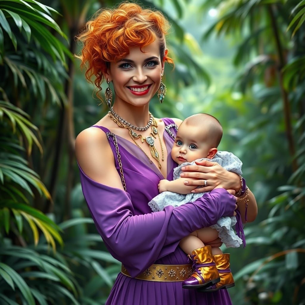 Exotic Jungle Mother with Wild Orange Hair and Baby