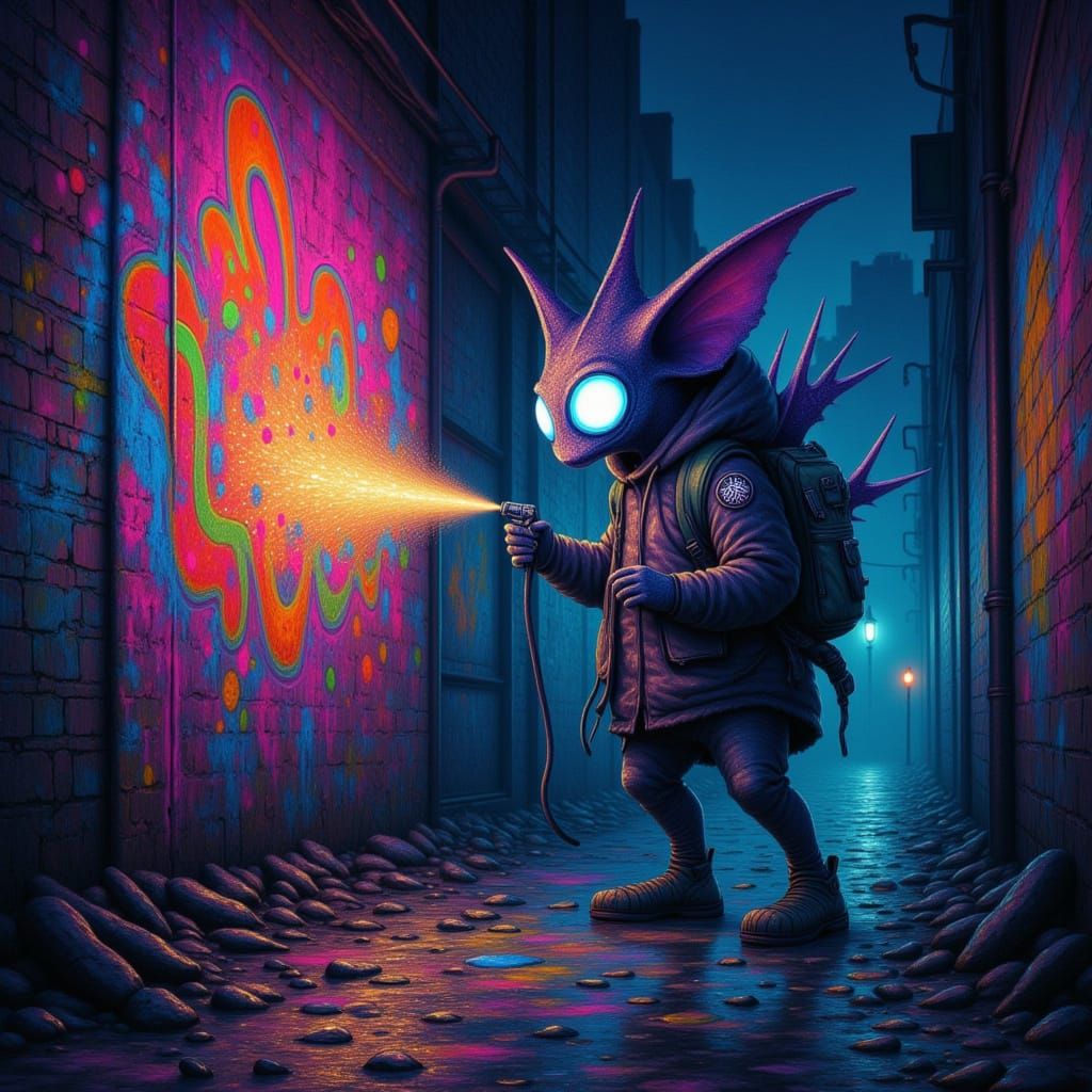 Fantastical Creature Spray-Painting Graffiti in Urban Alley