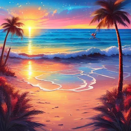 The warm glow of the sunset bathes the beach in a soft, gold...