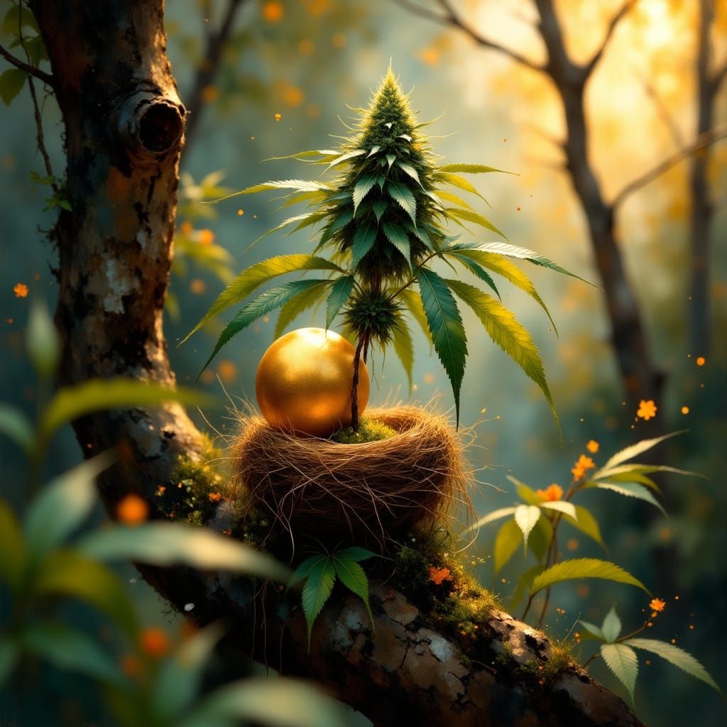 Cannabis Still Life with Golden Sphere in Impressionist Styl...
