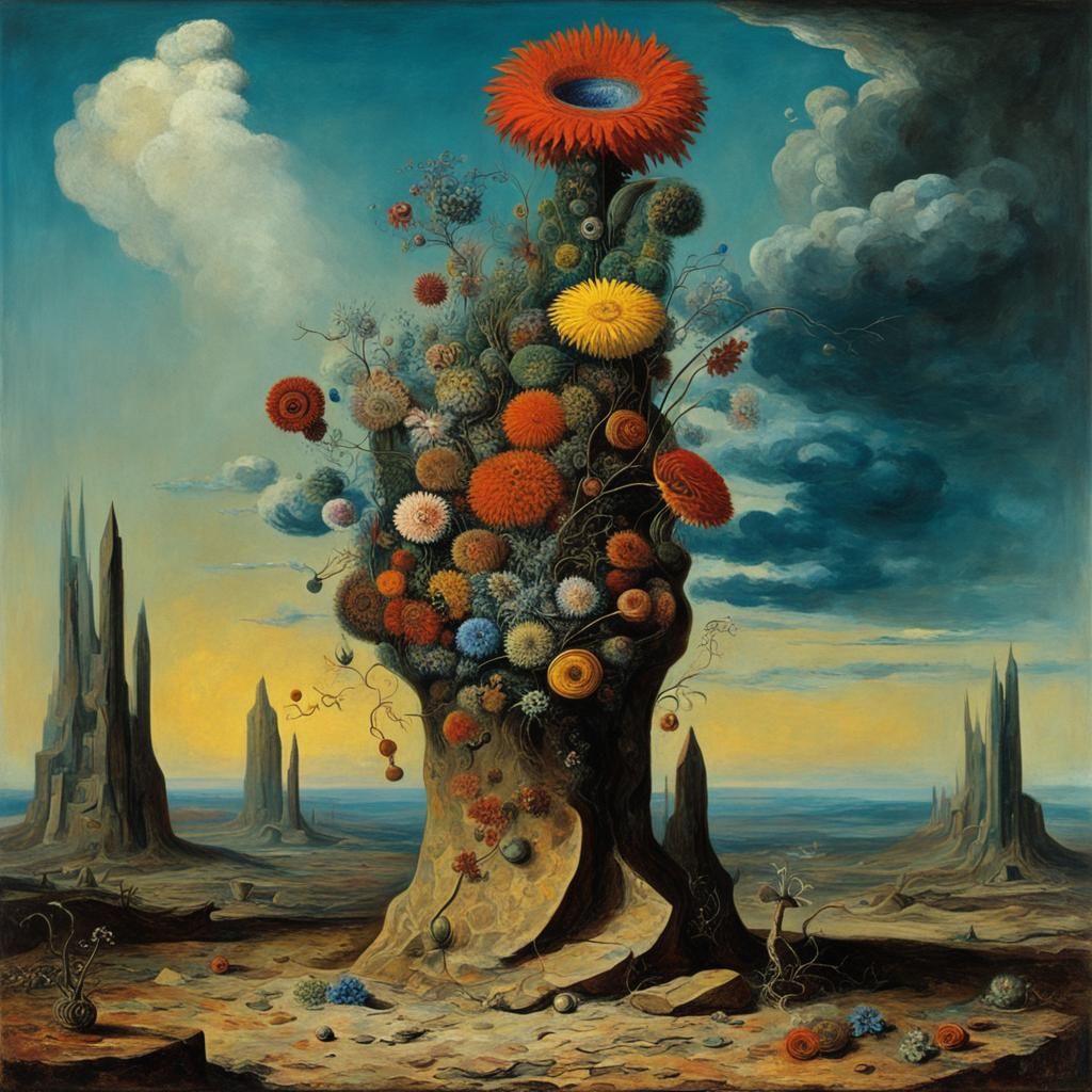 Surreal Flower Vases in Max Ernst Oil Painting Style